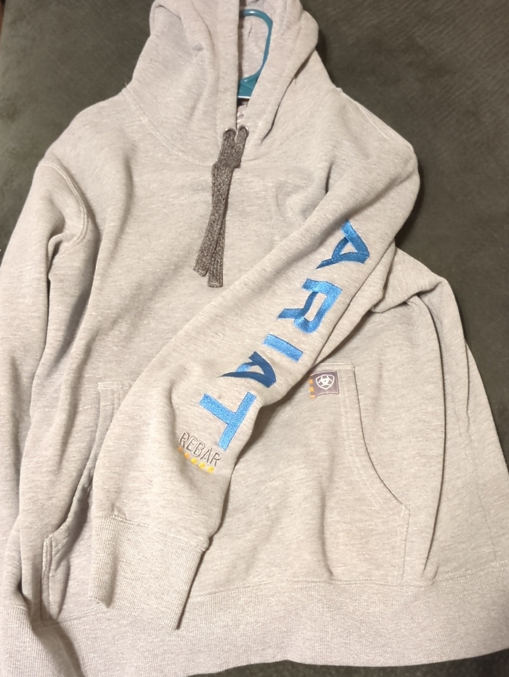 Ariat Light Gray Hoodie with Blue Sleeve Logo